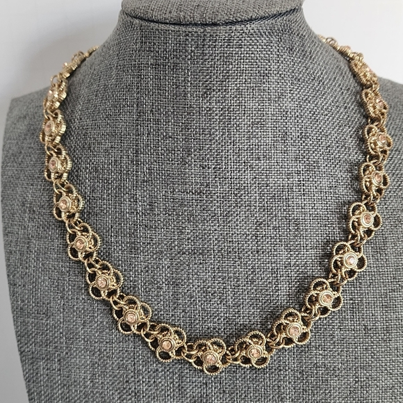 Goldtone Filigree Flower Necklace w/  Rhinestone Centers - Picture 2 of 9